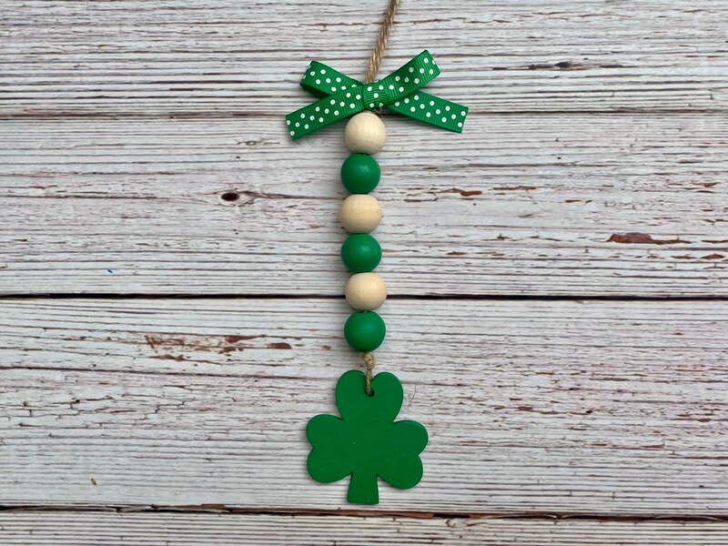 Shamrock canister bead garland, green clover, March tiered tray accent. Gift for Irish family, hutch decor, green mini wood bead garland